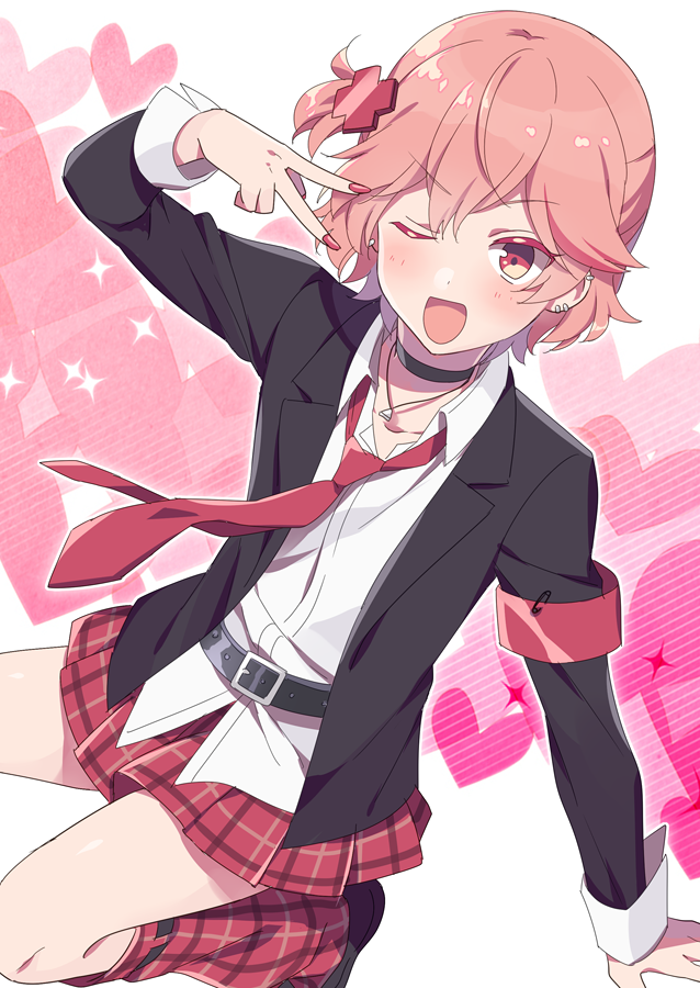 1boy, androgynous, belt, cosplay, crossdressing, crossdressing_(mtf), dankira!!!, gyaru, hinamori_amu, hinamori_amu_(cosplay), hinata_mahiru, leg_warmers, long_sleeves, male_focus, one_eye_closed, pink_eyes, pink_hair, plaid_clothes, plaid_leg_warmers, plaid_legwear, plaid_skirt, pleated_skirt, riku_(melty_drop), short_hair, shugo_chara!, skirt, solo, trap