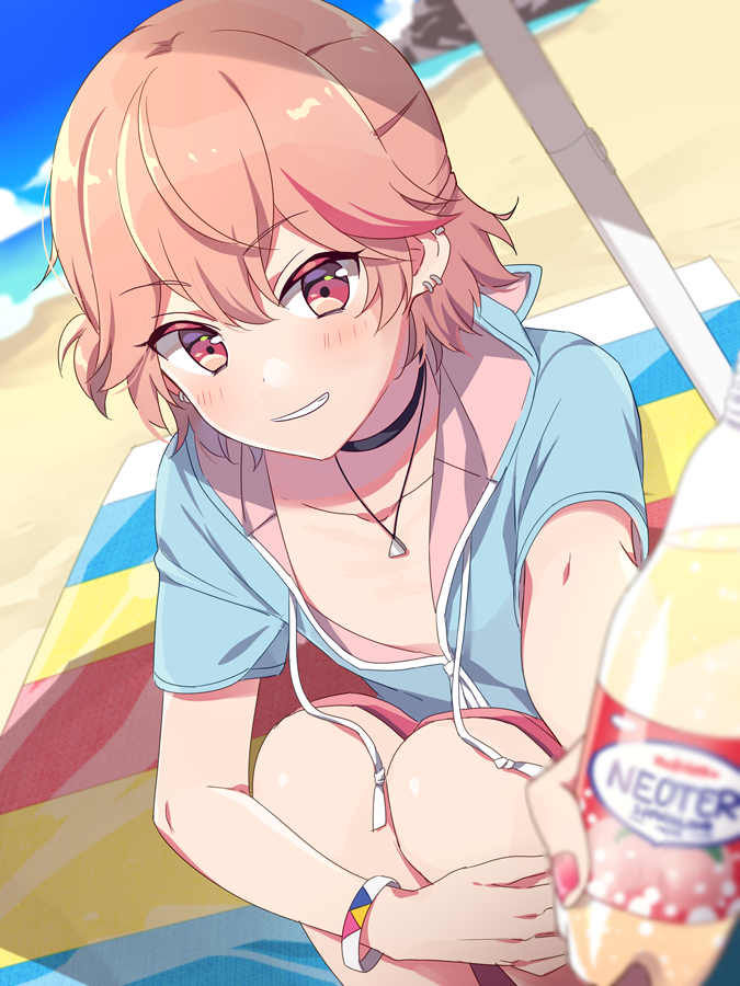 1boy, beach, beach_towel, blush, choker, cup, dankira!!!, hinata_mahiru