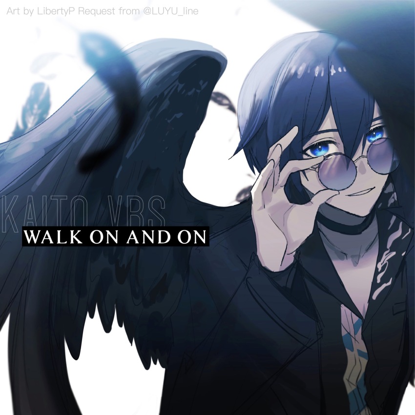 1boy, black_wings, blue_eyes, blue_hair, feathered_wings, glasses, highres, kaito_(vocaloid)