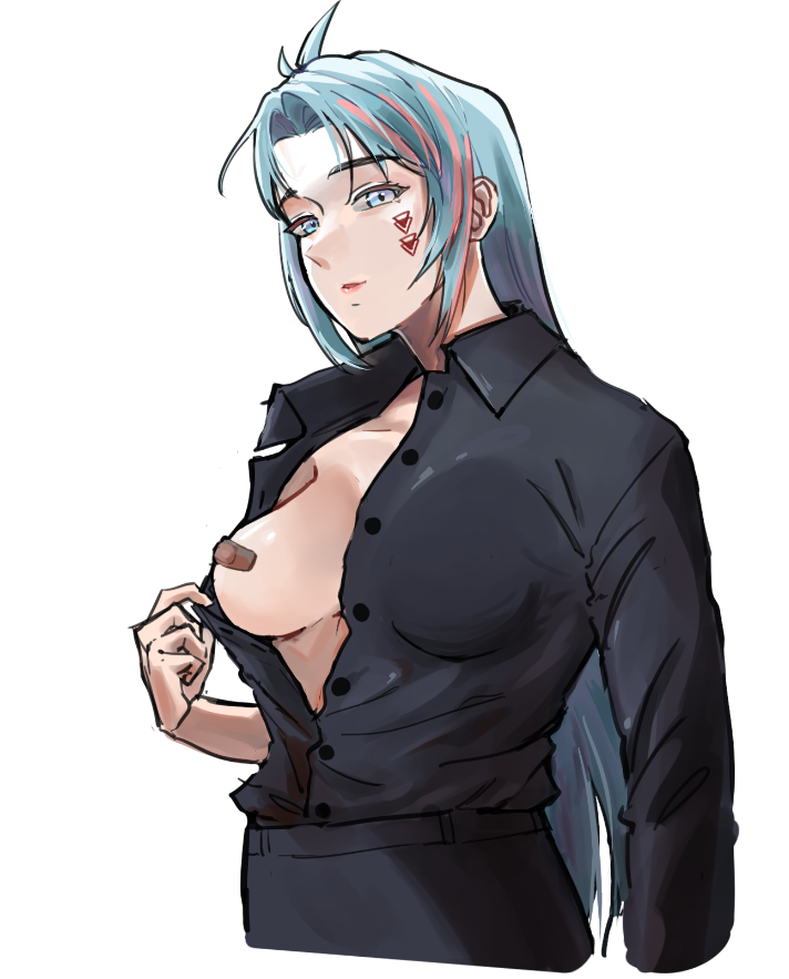 1girl, azura_cecillia, bandaid, bandaids_on_nipples, black_shirt, black_skirt, blue_hair, breasts