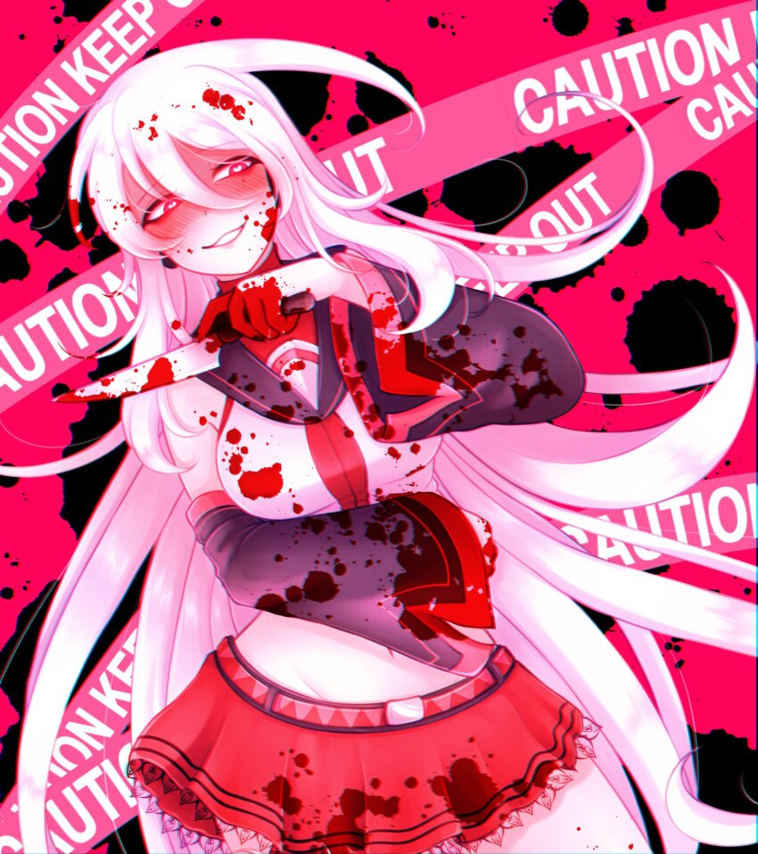 1girl, belt, blood, blood_on_clothes, blood_on_face, blood_on_hands, blood_splatter, blush
