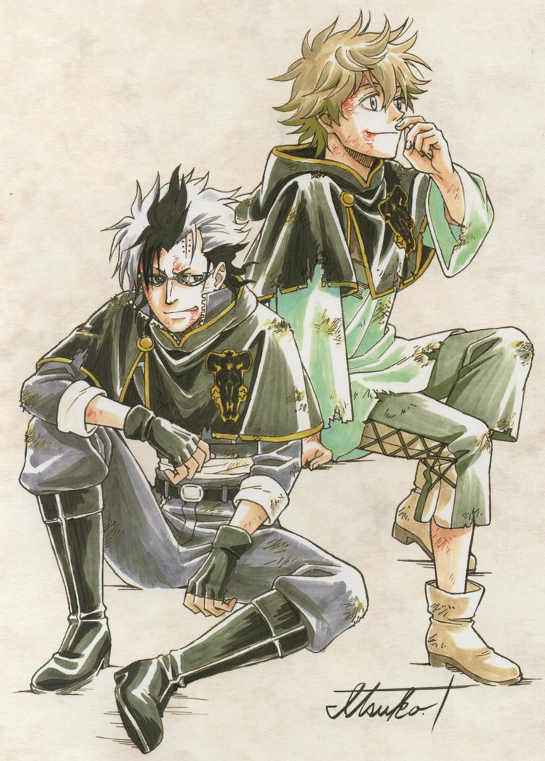 2boys, belt, black_belt, black_bulls_(emblem), black_capelet, black_clover, black_footwear, black_gloves