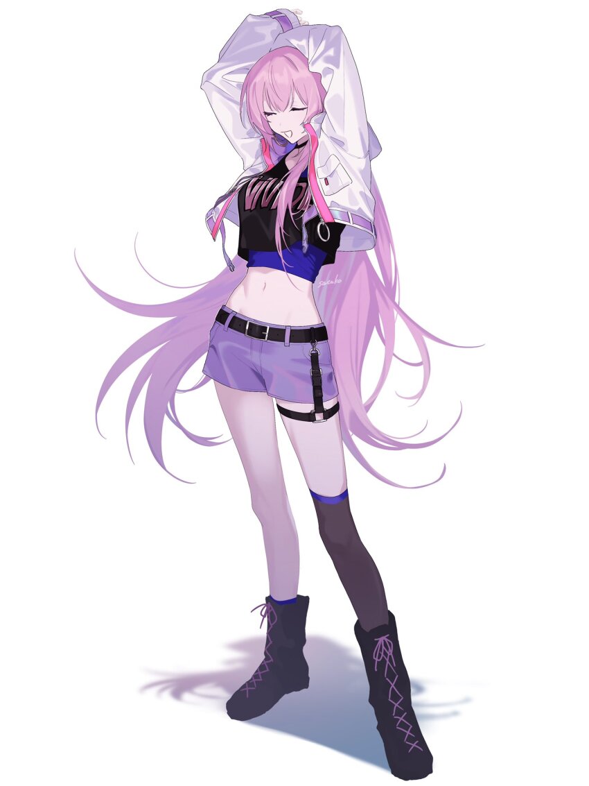 1girl, :d, ankle_boots, ankle_socks, arms_up, asymmetrical_legwear, belt, black_belt