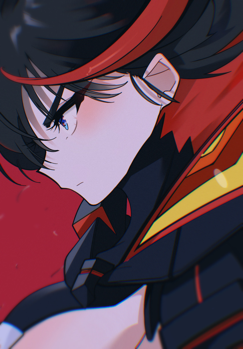 1girl, black_hair, blue_eyes, close-up, from_side, highres, kill_la_kill, matoi_ryuuko, multicolored_hair, portrait, red_hair, senketsu, serious, short_hair, solo, two-tone_hair, uumi_hinata