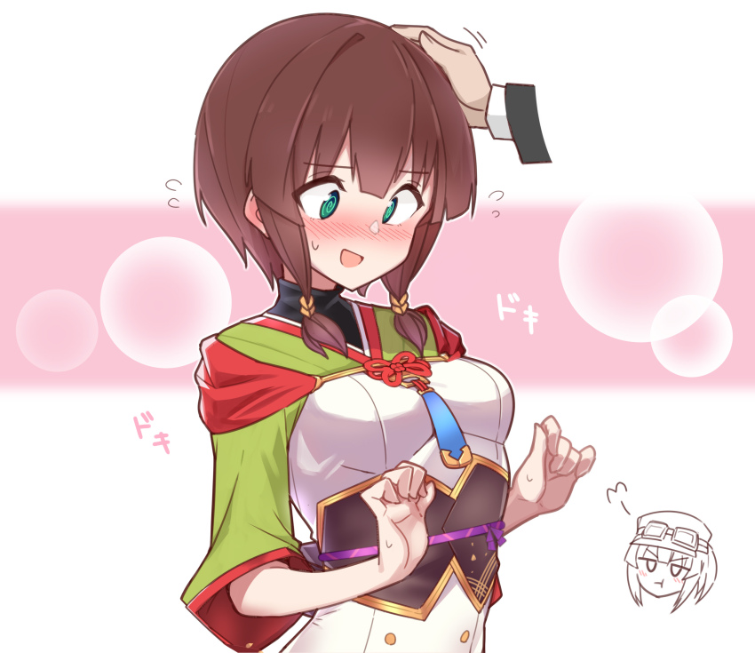 absurdres, azu_ankoowl, blush, green_eyes, headpat, highres, low-tied_sidelocks, nanaka_(tenka_hyakken)