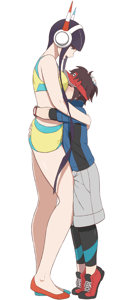1boy, 1girl, age_difference, asymmetrical_footwear, bag, bike_shorts, black_hair, blue_eyes, blue_jacket, blue_nails, brown_eyes, brown_hair, closed_mouth, elesa_(pokemon), grey_shorts, gym_leader, handbag, headphones, height_difference, hug, jacket, looking_at_another, mismatched_footwear, mizuno_(pixiv31352320), nail_polish, nate_(pokemon), nintendo, pokemon, pokemon_black_2_and_white_2, red_nails, shoes, short_hair, shorts, sidelocks, smile, sneakers, tall_female, uneven_footwear, visor_cap, watch, wristwatch, yellow_jacket