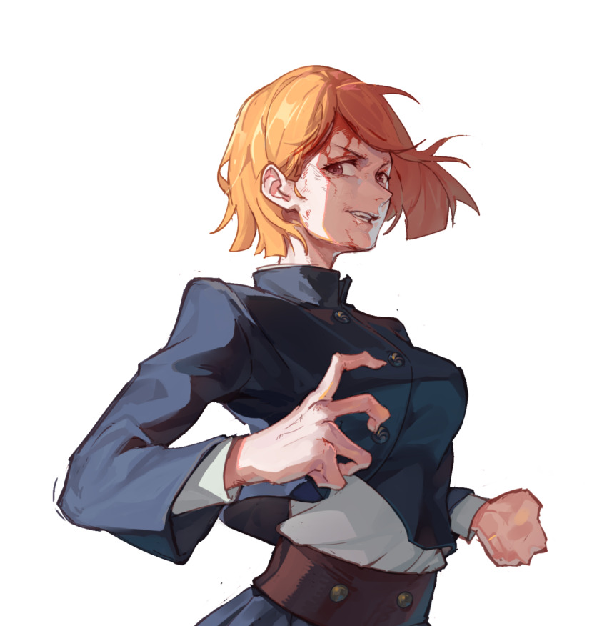 1girl, black_plume, blood, blood_on_face, breasts, brown_eyes, brown_hair, highres, jujutsu_kaisen, jujutsu_tech_uniform, kugisaki_nobara, light_smile, looking_at_viewer, medium_breasts, parted_lips, short_hair, simple_background, solo, swept_bangs, white_background