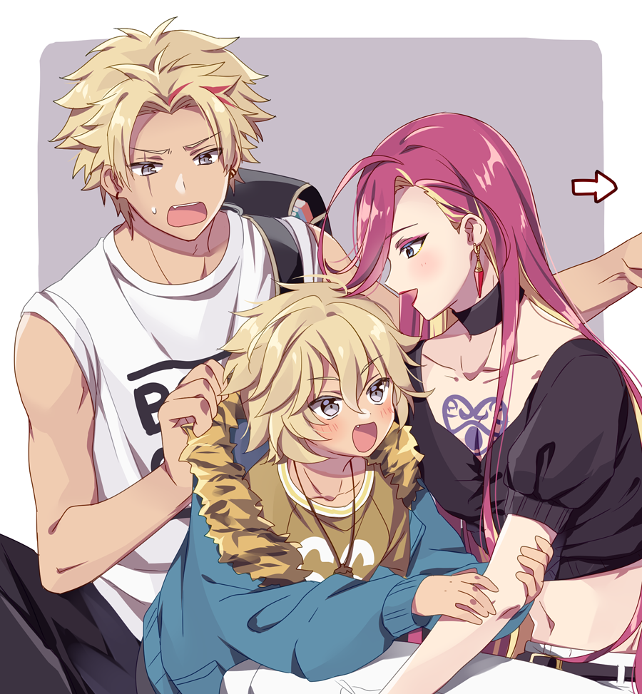 1other, 2boys, androgynous, black_eyes, blonde_hair, blue_eyes, blush, busujima_tsukumo
