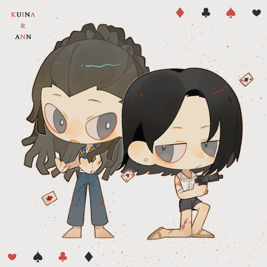 barefoot, black_hair, blush, card, character_name, chibi, club_(shape), denim, diamond_(shape), dreadlocks, earrings, frown, full_body, grey_eyes, gun, heart, holding, holding_gun, holding_weapon, imawa_no_kuni_no_alice, jeans, jewelry, kuina_hikari, lajune_two, long_hair, looking_at_another, necklace, on_one_knee, open_mouth, pants, parted_bangs, playing_card, rizuna_an, sandals, shirt, short_hair, shorts, sleeveless, sleeveless_shirt, spade_(shape), weapon