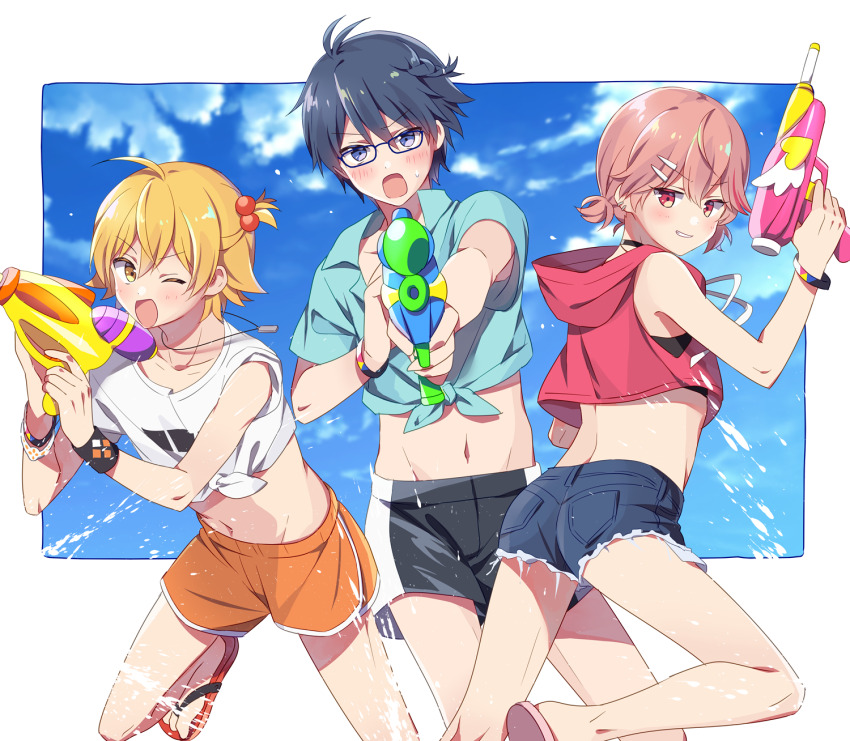 3boys, asahi_sora, atago_rentaro, blonde_hair, blue_eyes, blue_hair, blue_sky, cloud
