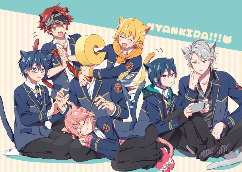 1other, 6+boys, animal_ears, asahi_sora, atago_rentaro, black_meteor_camp_(dankira!!!), blonde_hair, blue_eyes