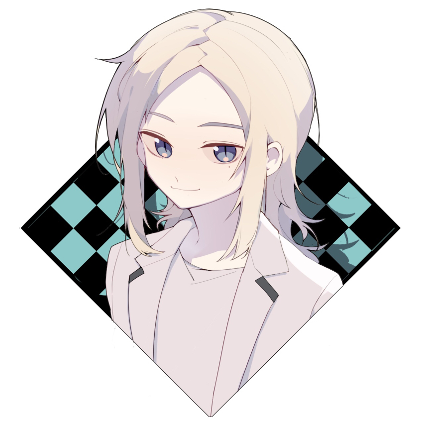 1boy, blazer, blonde_hair, blue_eyes, checkered_background, chishiya_shuntarou, cscarus, highres