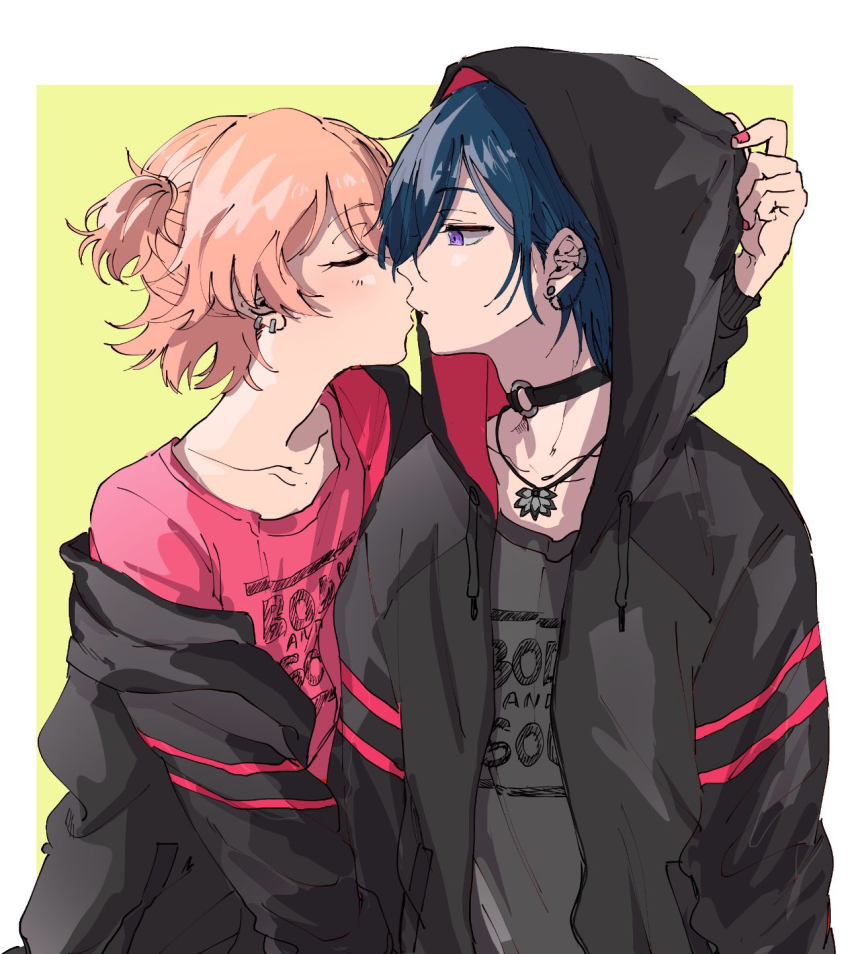 2boys, atago_rentaro, blue_hair, blush, border, choker, closed_eyes, dankira!!!, highres, hinata_mahiru, hood, hood_up, ikashim_(scp_ika), kiss, multiple_boys, pink_hair, purple_eyes, short_hair, trap, trap_on_trap, white_border, yaoi, yellow_background
