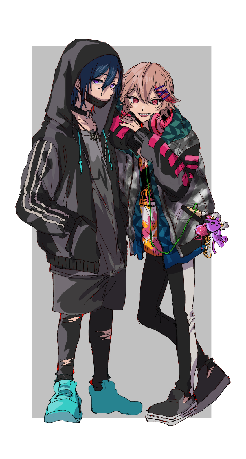2boys, absurdres, atago_rentaro, blue_hair, border, dankira!!!, full_body, grey_background, headphones, highres, hinata_mahiru, hood, hood_up, ikashim_(scp_ika), looking_at_viewer, multiple_boys, pink_eyes, pink_hair, purple_eyes, smile, teeth, trap, white_border, yaoi