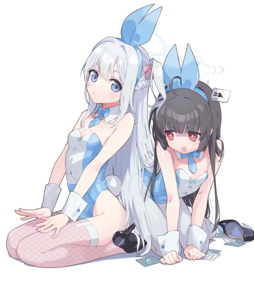 2girls, all_fours, animal_ears, black_footwear, black_hair, blue_archive, blue_eyes, blue_leotard, breasts, detached_collar, fake_animal_ears, fake_tail, grey_hair, grey_pantyhose, high_heels, leotard, long_hair, machico_maki, miyako_(blue_archive), miyu_(blue_archive), multiple_girls, open_mouth, pantyhose, playboy_bunny, rabbit_ears, rabbit_tail, red_eyes, shoes, simple_background, sitting, small_breasts, tail, tearing_up, thighhighs, white_background, wrist_cuffs