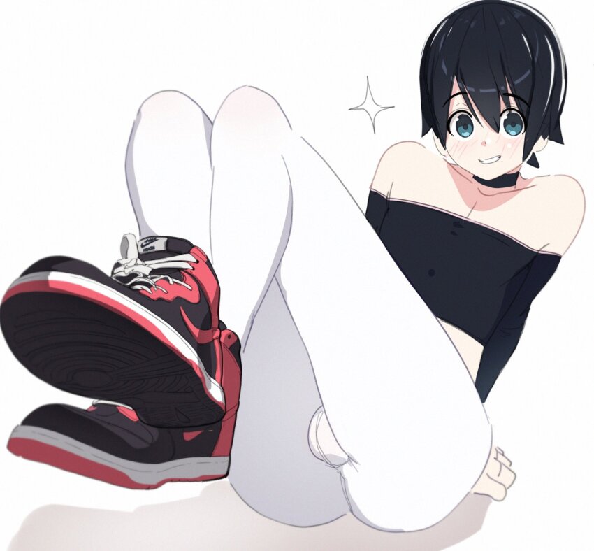 1boy, black_choker, black_hair, blue_eyes, blush, bulge, choker, crop_top, crossdressing, crossdressing_(mtf), highres, looking_at_viewer, male_focus, nike_(company), nike_dunk, off_shoulder, original, pants, pea_(vaultboy503), shoes, short_hair, simple_background, sitting, smile, sneakers, trap, yoga_pants