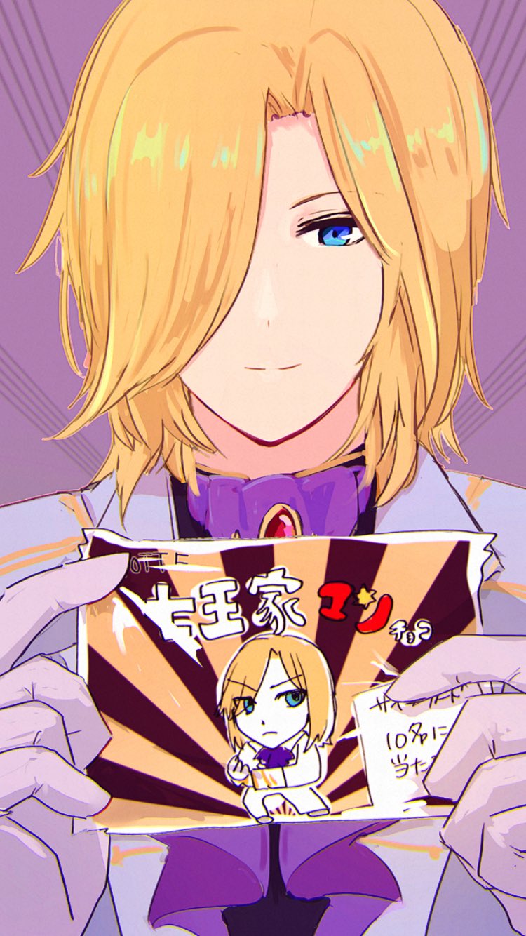 1boy, ascot, blonde_hair, blue_eyes, brooch, card, closed_mouth, coat