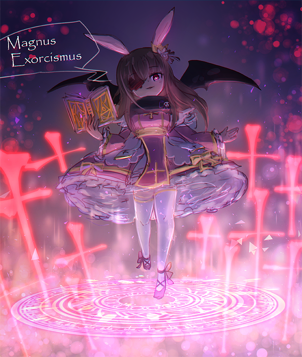 1girl, animal_ears, arch_bishop_(ragnarok_online), bat_wings, black_scarf, black_wings, book, bow