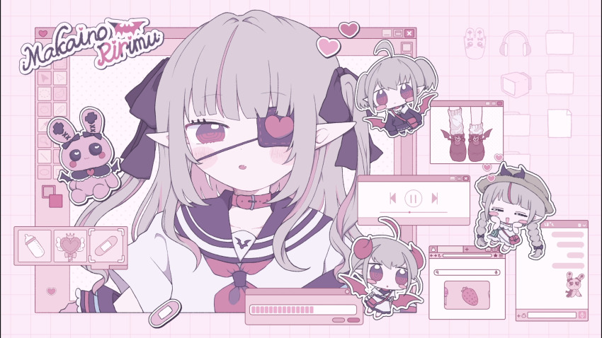 1girl, ahoge, bag, black_ribbon, brown_hair, character_name, chibi, chibi_inset