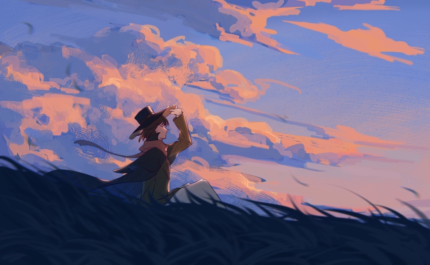 1boy, adjusting_clothes, adjusting_headwear, angel, brown_jacket, cape, closed_eyes, cloud, dusk, fuyou681, grass, grey_pants, hat, highres, jacket, klein_moretti, lord_of_the_mysteries, merlin_hermes, on_ground, outdoors, pants, pink_scarf, scarf, shadow, sitting, sky, solo, wind