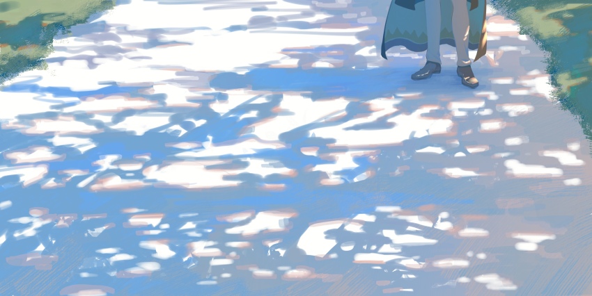 1boy, angel, brown_footwear, cape, dappled_sunlight, day, feet_out_of_frame, fuyou681, grass, grey_pants, highres, klein_moretti, lord_of_the_mysteries, merlin_hermes, outdoors, pants, pavement, shadow, solo, sunlight