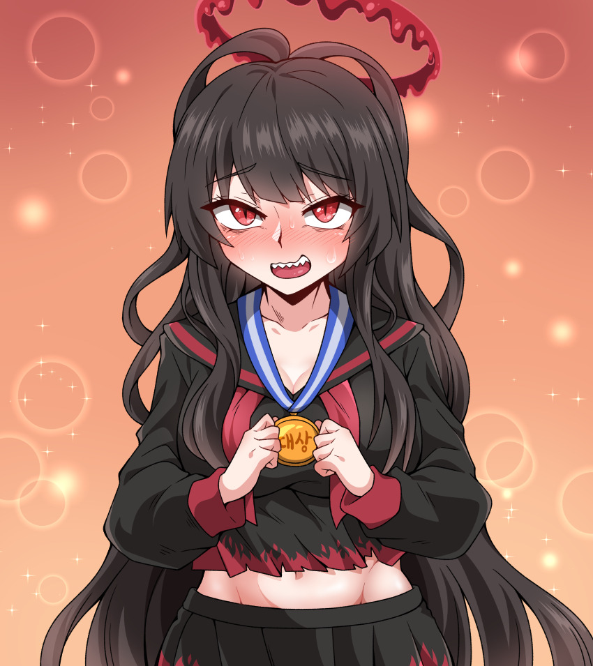 1girl, absurdres, black_hair, black_serafuku, blue_archive, blush, breasts, highres, large_breasts, long_hair, medal, navel, red_eyes, school_uniform, serafuku, smile, solo, tsurugi_(blue_archive), yanghyeok