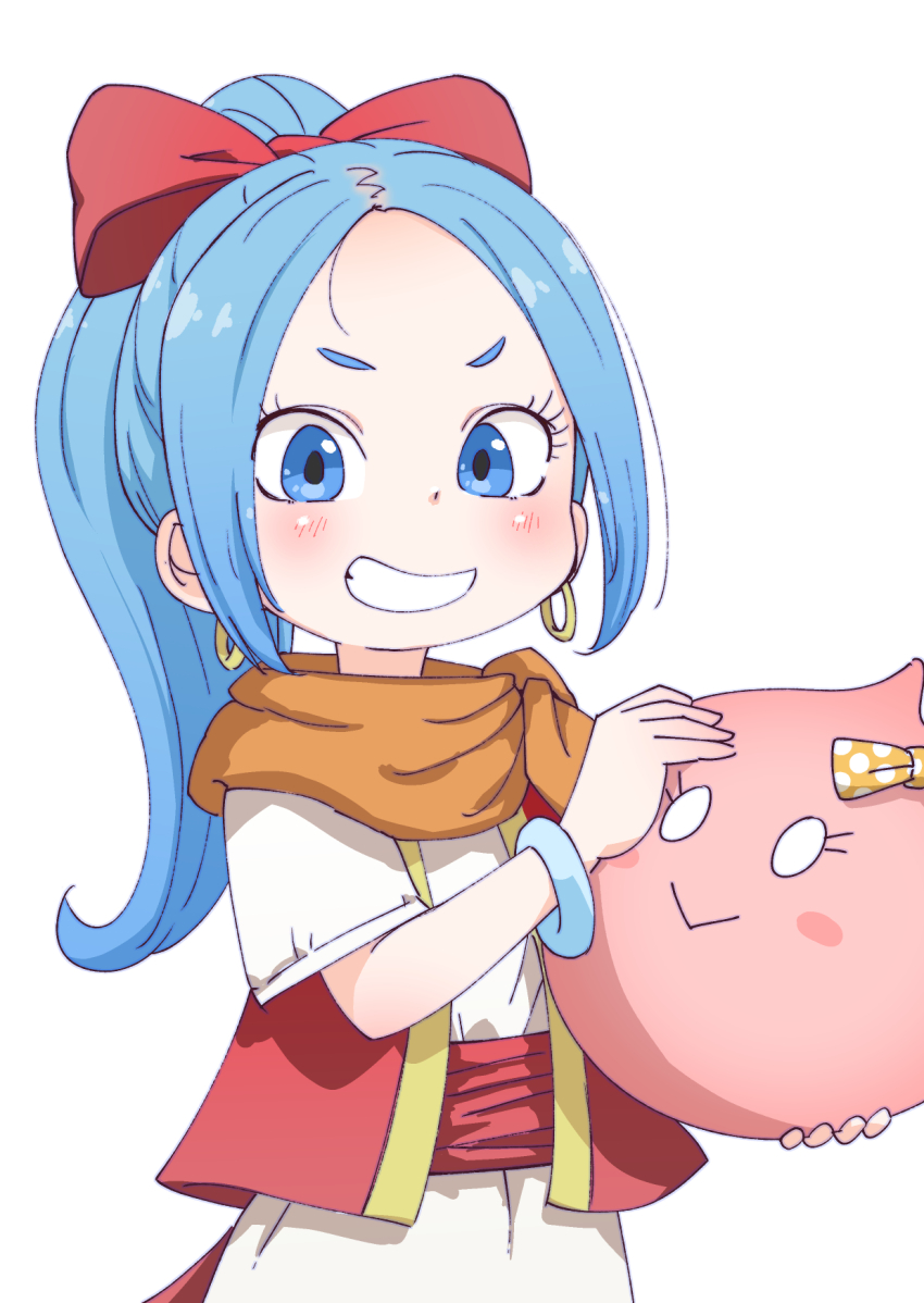 1girl, blue_eyes, blue_hair, blush, bow, bracelet, dragon_quest, dragon_quest_treasures, dragon_quest_xi, dress, earrings, grin, hair_bow, highres, holding, hoop_earrings, jewelry, long_hair, looking_at_viewer, maya_(dq11), parted_bangs, ponytail, samansa_ex, sash, scarf, short_eyebrows, short_sleeves, slime_(dragon_quest), smile, vest