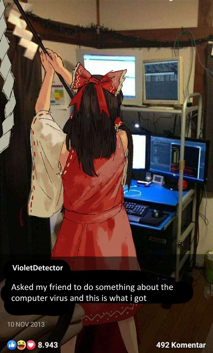 1girl, bow, brown_hair, detached_sleeves, dress, emoji, english_text, exorcism, facebook_like, frilled_bow, frills, from_behind, gohei, hair_bow, hair_tubes, hakurei_reimu, japanese_clothes, medium_hair, miko, parody, photo_background, red_bow, red_dress, red_shirt, red_vest, ribbon, ribbon-trimmed_sleeves, ribbon_trim, shirt, skirt, skirt_set, sleeveless, sleeveless_dress, sleeveless_shirt, speargsun, touhou, vest, waving