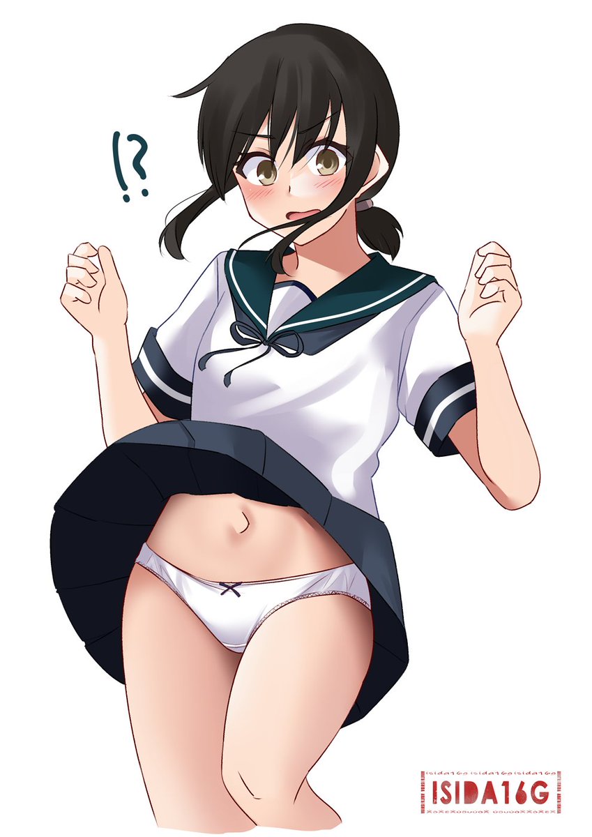 !?, artist_logo, black_eyes, black_hair, blue_sailor_collar, blue_skirt, brown_eyes, clothes_lift