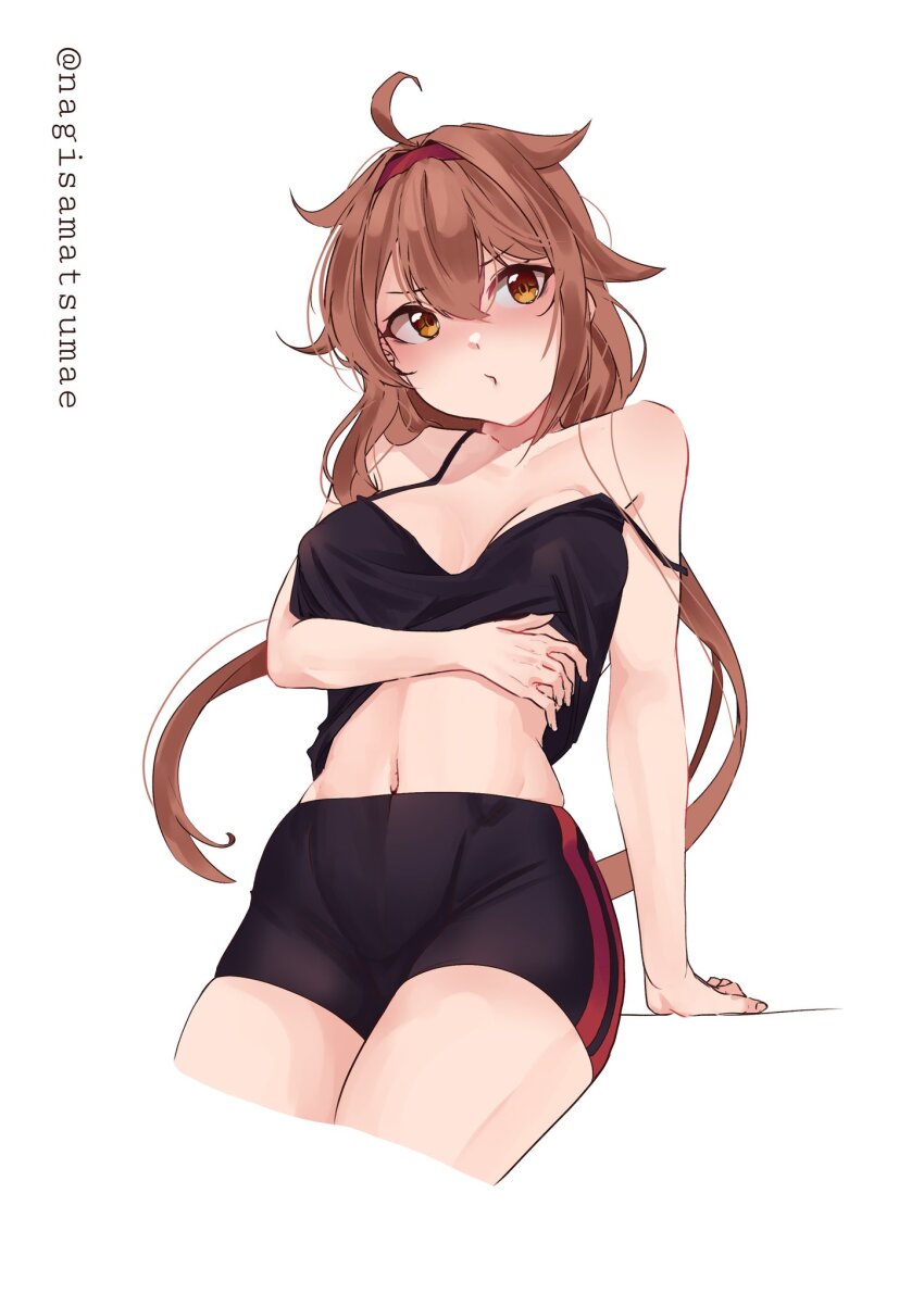 1girl, black_camisole, black_footwear, breasts, brown_eyes, brown_hair, camisole, camisole_lift