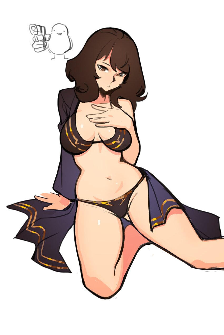 1girl, absurdres, bikini, black_bikini, breasts, brown_eyes, brown_hair, coat, distr, gluteal_fold, hand_pointing_a_gun_(meme), highres, large_breasts, looking_at_viewer, medium_hair, meme, navel, open_clothes, open_coat, original, parted_lips, simple_background, sitting, solo, swimsuit, white_background, yokozuwari