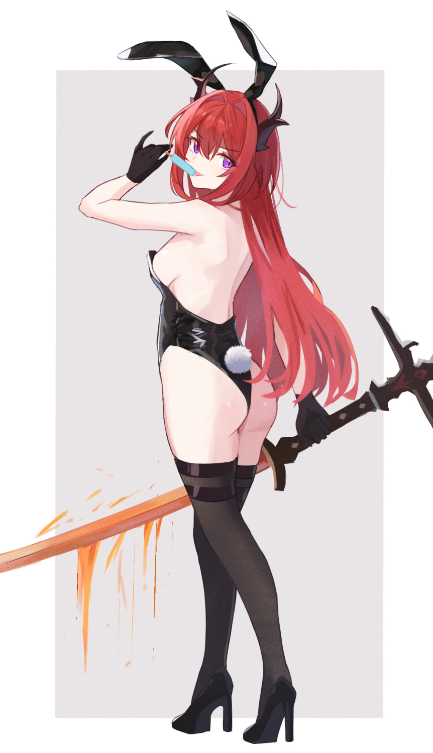 1girl, :p, animal_ears, arknights, ass, bare_shoulders, black_footwear, black_gloves