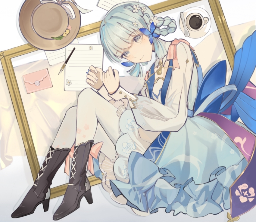 1girl, ayaka_(genshin_impact), blue_eyes, blue_hair, blunt_bangs, boots, braid, brown_boots, butterfly_hair_ornament, closed_mouth, coffee_mug, commentary_request, cup, genshin_impact, hair_ornament, hair_up, hat, high_heel_boots, high_heels, kamisato_ayaka, kamisato_ayaka_(springbloom_missive), knee_boots, knees_up, letter, light_blue_hair, long_sleeves, minami_branch_peach, mole, mole_under_eye, mug, official_alternate_costume, pantyhose, paper, pen, picture_frame, solo, spoon, unworn_hat, unworn_headwear, white_pantyhose