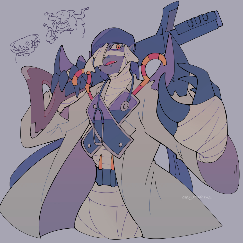 1boy, 1girl, archnemon, arthropod_girl, digimon, gun, insect_girl, mummy