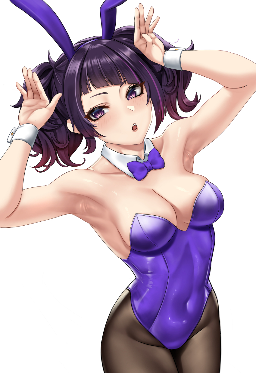 1girl, absurdres, animal_ears, armpits, arms_up, bare_arms, bare_shoulders, black_pantyhose