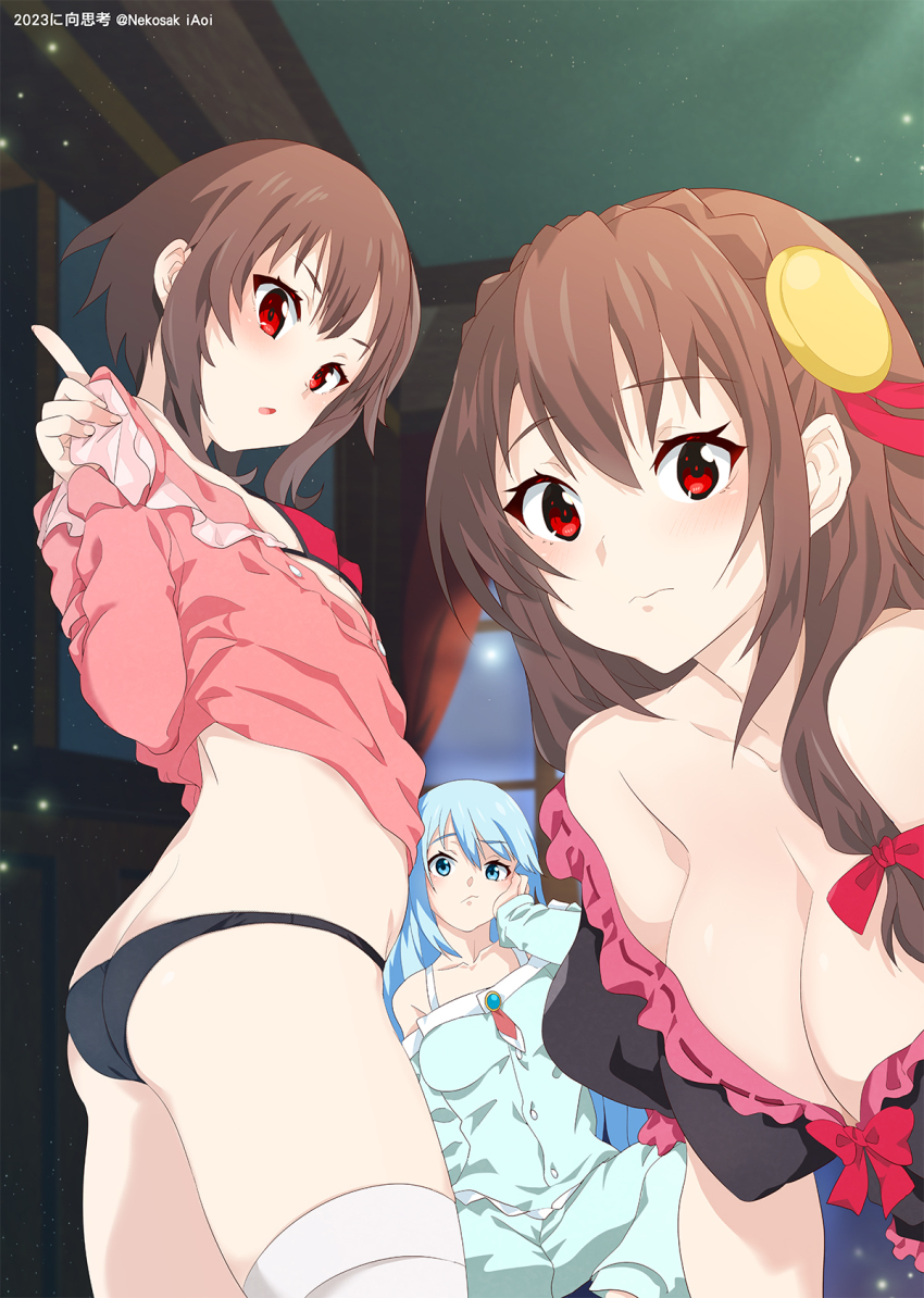 3girls, aqua_(konosuba), ass, bandaged_leg, bandages, black_panties, blue_eyes, blue_hair, breasts, brown_hair, butt_crack, cleavage, closed_mouth, collarbone, female_focus, hair_down, hair_ornament, hanging_breasts, highres, indoors, kono_subarashii_sekai_ni_shukufuku_wo!, large_breasts, long_hair, looking_at_viewer, medium_breasts, megumin, multiple_girls, nekosaki, open_mouth, pajamas, panties, red_eyes, short_hair, short_hair_with_long_locks, sidelocks, sitting, small_breasts, standing, textless_version, underwear, yunyun_(konosuba)