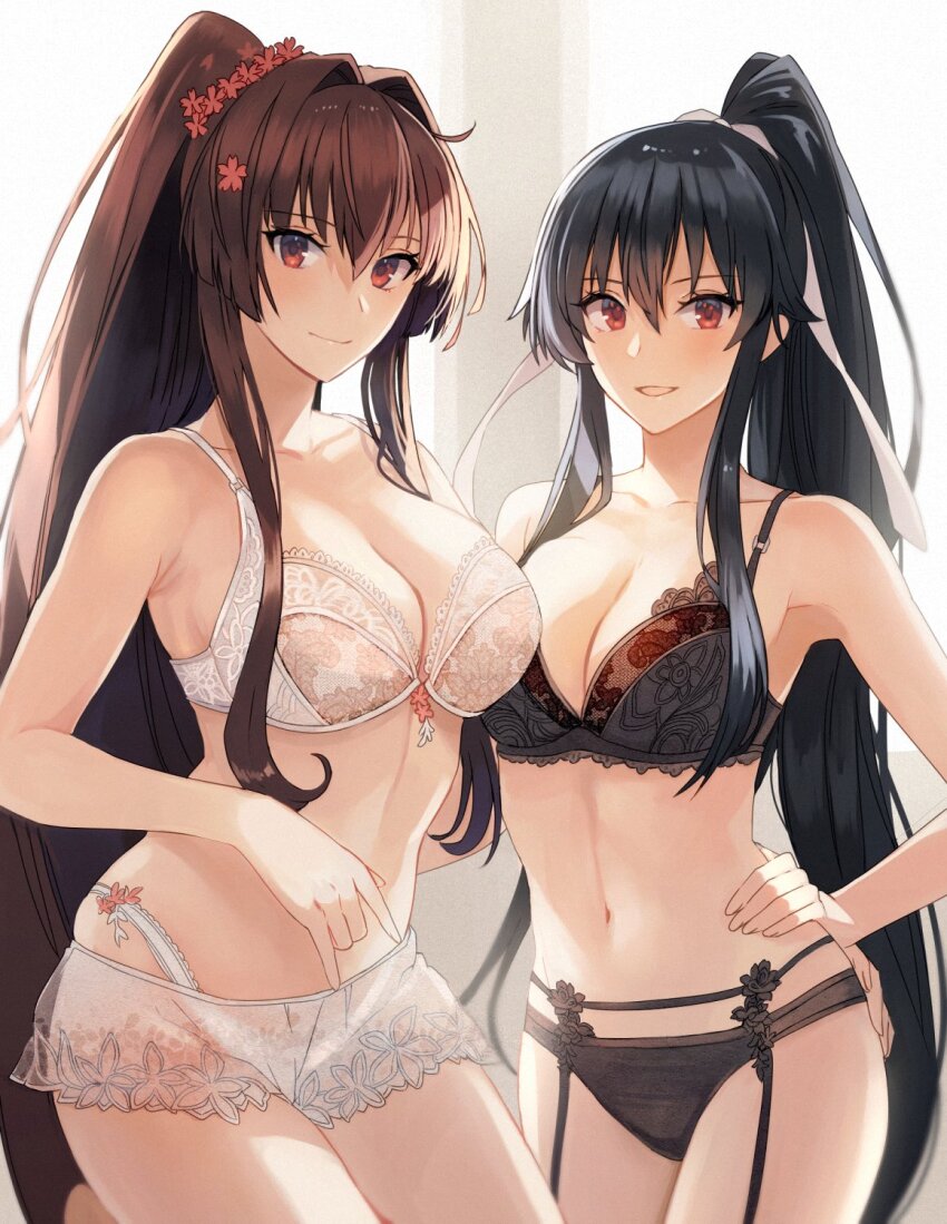 2girls, black_bra, black_garter_straps, black_hair, black_panties, black_vs_white, bra, breasts, brown_eyes, brown_hair, cleavage, collarbone, female_focus, flower, garter_belt, garter_straps, hair_between_eyes, hair_flower, hair_intakes, hair_ornament, hair_ribbon, hand_on_another's_hip, hand_on_own_hip, highres, kantai_collection, kasumi_(skchkko), large_breasts, lingerie, long_hair, looking_at_viewer, multiple_girls, navel, panties, ponytail, red_eyes, ribbon, see-through_clothes, see-through_shorts, short_shorts, shorts, simple_background, smile, underwear, underwear_only, white_bra, white_panties, white_ribbon, yahagi_(kancolle), yahagi_kai_ni_(kancolle), yamato_(kancolle)