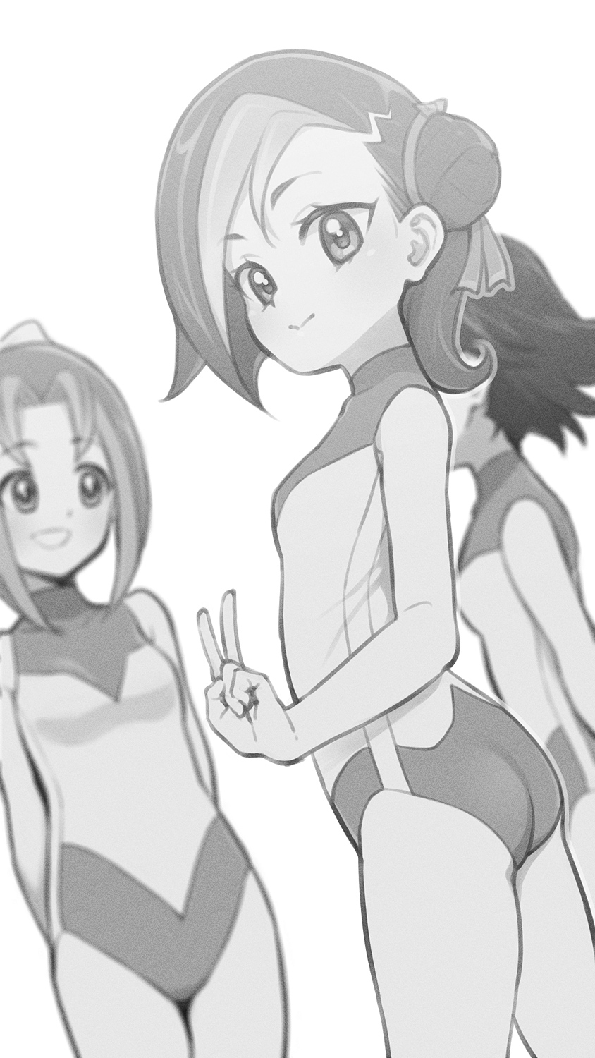 3girls, :d, ass, breasts, commentary_request, commission, from_side, greyscale