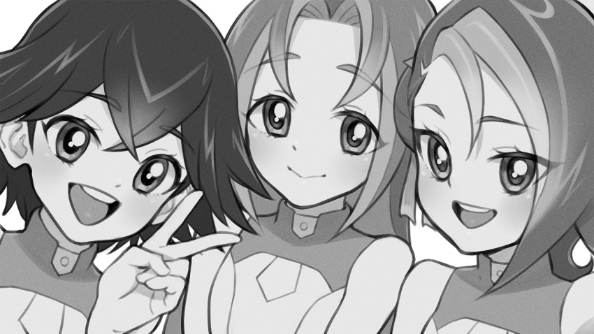 3girls, :>, :d, black_hair, commentary_request, commission, crossed_bangs, greyscale