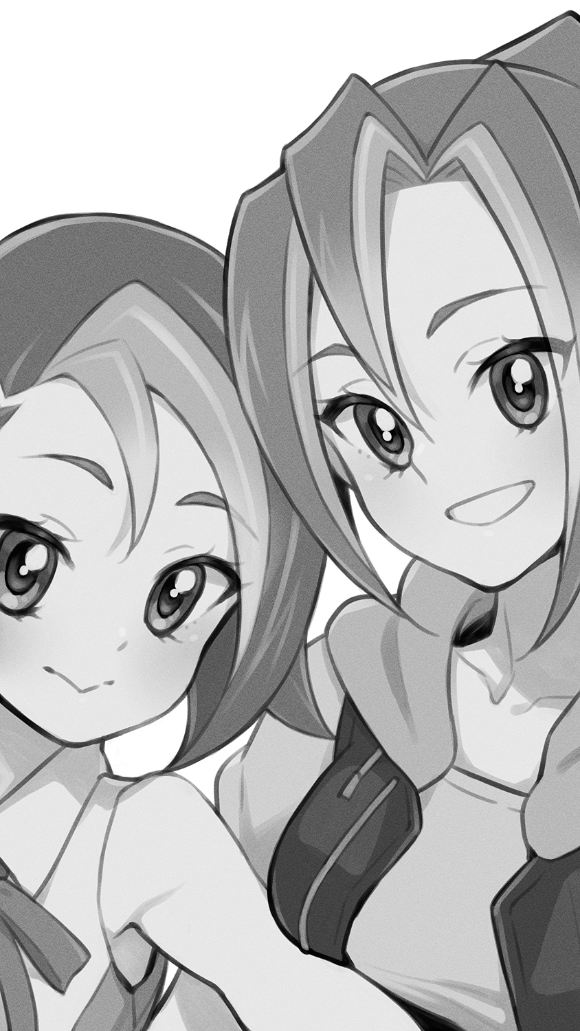 2girls, :>, :d, collarbone, commentary_request, commission, greyscale, highres