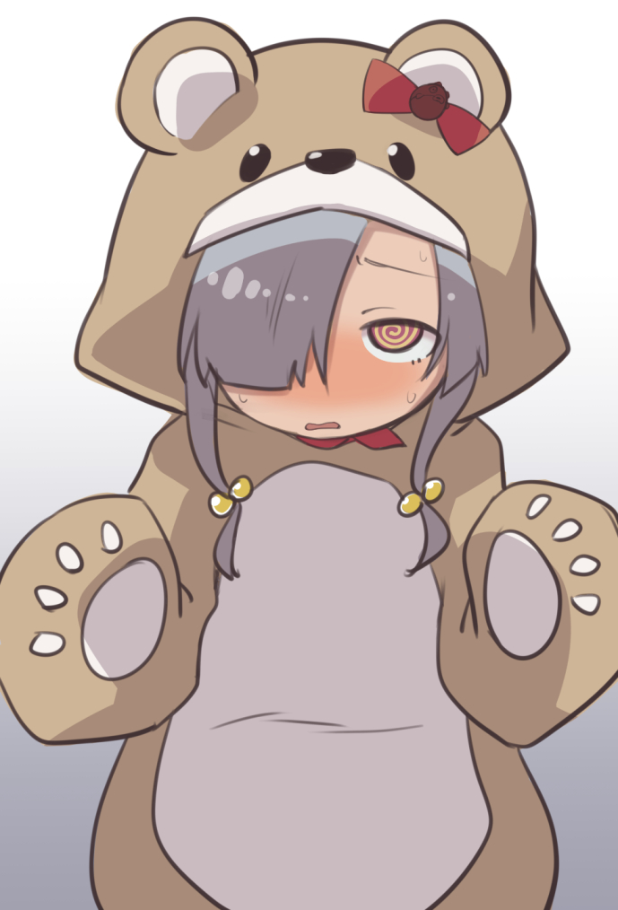 1girl, @_@, animal_costume, animal_hood, bear_costume, blush, cosplay, embarrassed, female_focus, foxxre, full-face_blush, gradient_background, hair_bobbles, hair_ornament, hair_over_one_eye, hood, kigurumi, looking_at_viewer, low-tied_sidelocks, open_mouth, purple_hair, raised_eyebrows, sidelocks, solo, tenka_hyakken, torikai_rai_kunitsugu
