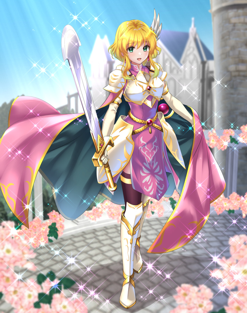 :d, armor, armored_dress, black_thighhighs, blonde_hair, blurry, boots, breastplate