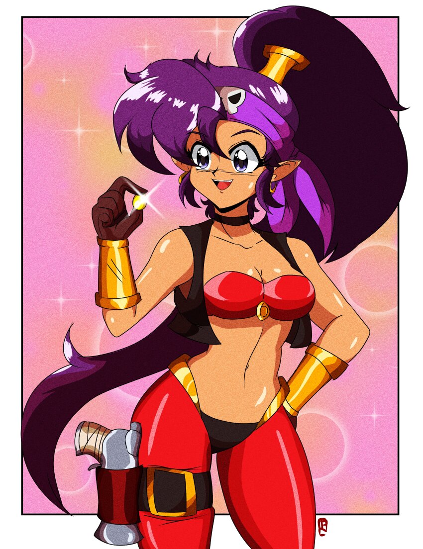 1990s_(style), 1girl, absurdres, bra, breasts, cleavage, dark-skinned_female, dark_skin, earrings, gloves, gun, headband, highres, jacket, jewelry, long_hair, medium_breasts, pants, peachyboi, ponytail, purple_eyes, purple_hair, retro_artstyle, shantae, shantae_(series), shantae_and_the_pirate's_curse, solo, underwear, very_long_hair, weapon