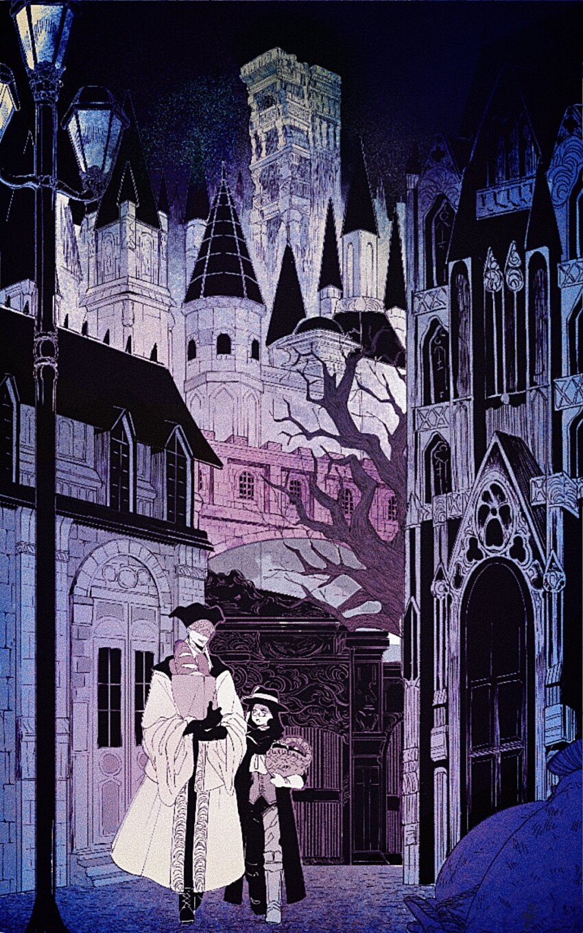 2girls, absurdres, bag, blindfold_mask, bloodborne, bread, building, castle