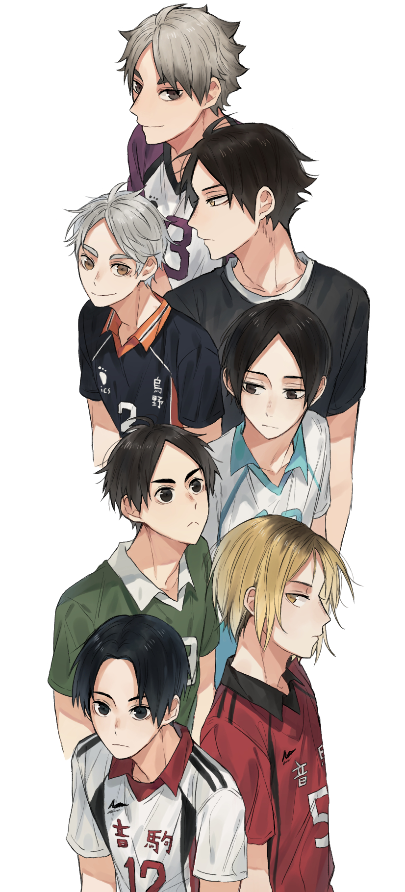 6+boys, akaashi_keiji, black_eyes, black_hair, black_shirt, blonde_hair, brown_eyes, character_request