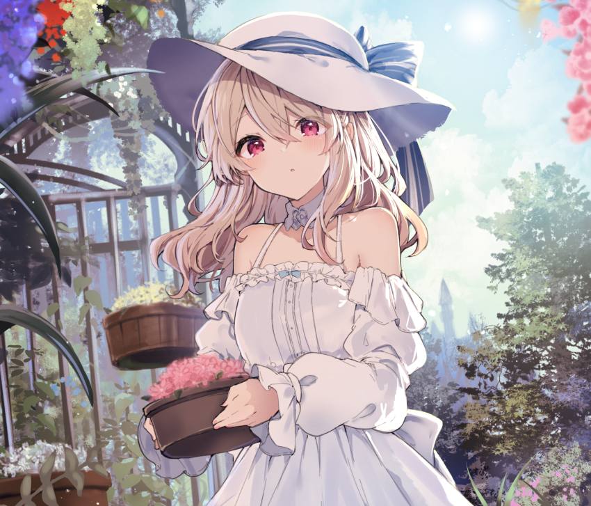 1girl, bare_shoulders, bare_tree, basket, blonde_hair, blue_sky, blush, bow