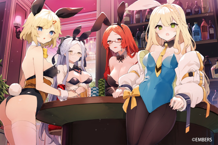4girls, :o, animal_ears, ash_arms, ass, back, bare_shoulders, black_leotard, blonde_hair, blue_eyes, blue_leotard, bow, bowtie, braid, breasts, brown_pantyhose, character_name, cleavage, covered_navel, detached_collar, do_335_(ash_arms), fake_animal_ears, fake_tail, glasses, green_eyes, hairband, highres, ikeuchi_tanuma, jacket, large_breasts, leotard, long_sleeves, m4_sherman_(ash_arms), medium_breasts, monocle, multiple_girls, necktie, obusier_st._chamond_(ash_arms), off_shoulder, official_art, open_clothes, open_jacket, open_mouth, pantyhose, parted_bangs, playboy_bunny, rabbit_ears, rabbit_tail, red_eyes, red_hair, semi-rimless_eyewear, strapless, strapless_leotard, suisei_(ash_arms), tail, thighhighs, thighs, under-rim_eyewear, v-shaped_eyebrows, white_hair, white_jacket, white_thighhighs, yellow_bow, yellow_eyes