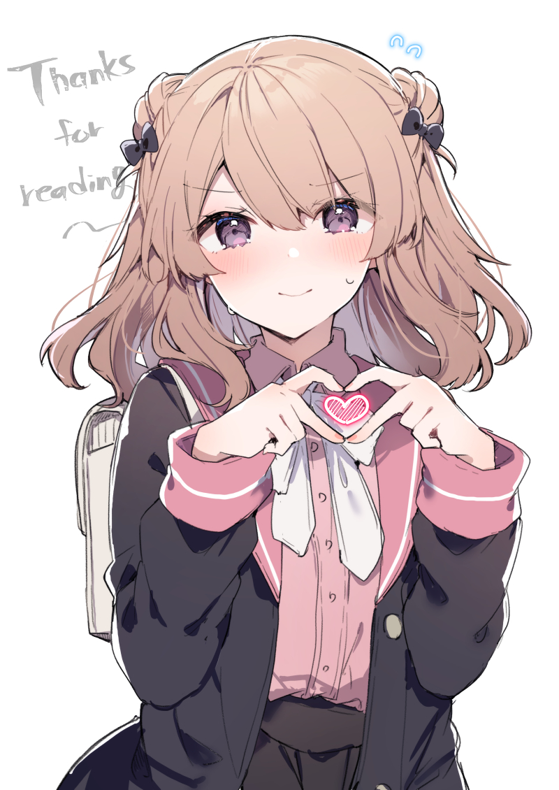 1girl, backpack, bag, black_bow, black_jacket, black_skirt, blush, bow