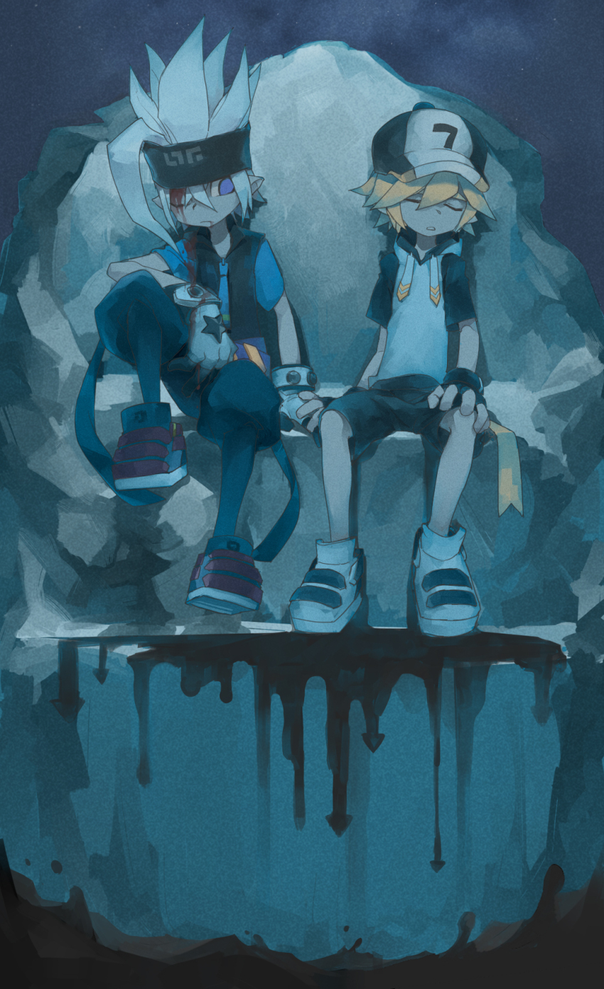 2boys, aotu_world, baseball_cap, black_gloves, blood_from_forehead, blonde_hair, blood, blood_from_mouth