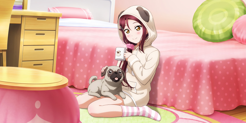 1girl, absurdres, animal, animal_hood, animal_on_lap, bed, bedroom, blush